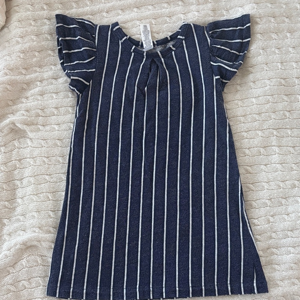 Navy Striped Kids Dress with Flutter Sleeves